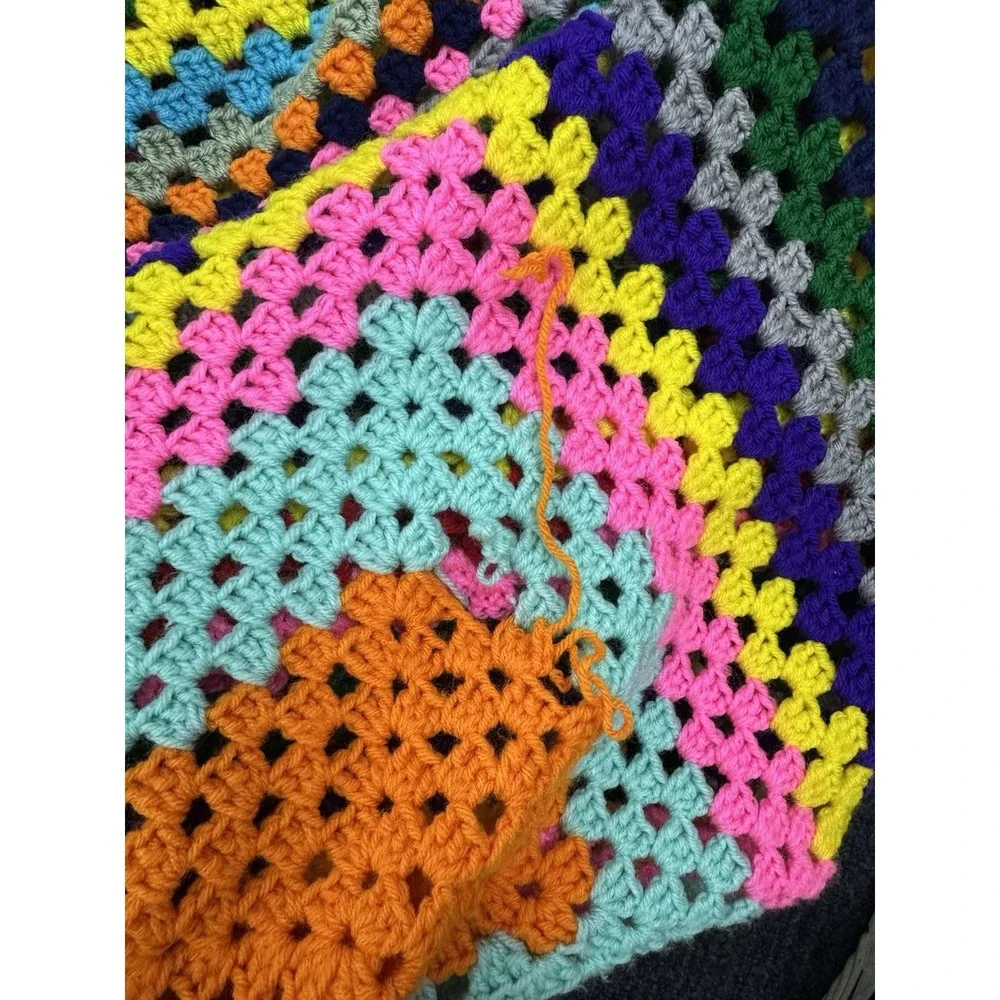Handmade Crochet Granny Square Afghan Blanket Multicolor‎ Retro Boho Throw 84x84
